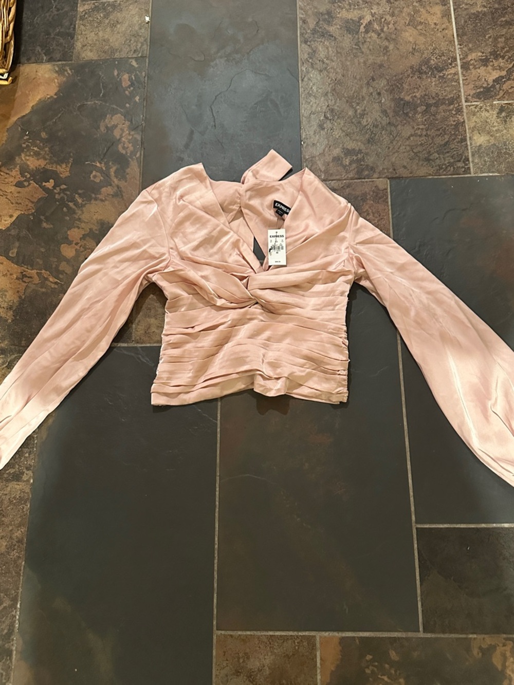Express Satin Faux-Wrap Blouse - Light Blush Pink xs